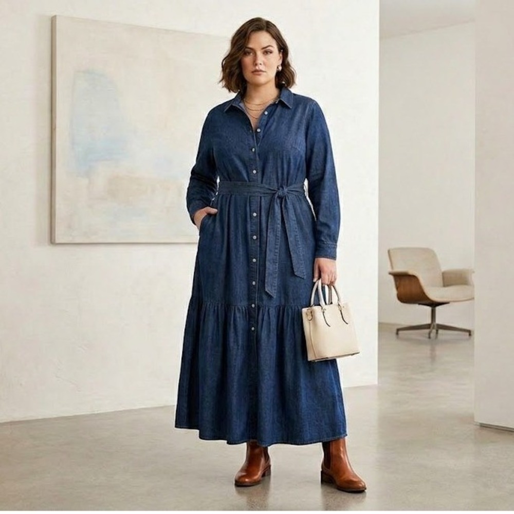 NWT City Chic Angela Denim Maxi Dress Size 14W Tiered Boho Shirt Dress‎